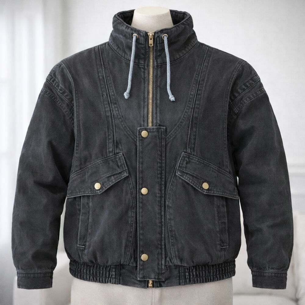 VTG Hot Spices Distressed Black Denim Fleece Lined Jacket Medium Trucker Moto